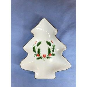 Christmas Tree Trinket Candy Nut Vintage Japan Gold Trim Dish Porcelain